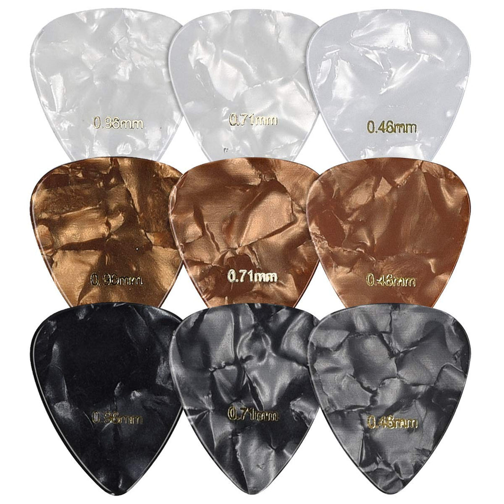 kwmobile Set of 9 Guitar Picks - Includes Thin, Medium, Heavy Gauges for Acoustic, Electric or Bass Guitar, Ukulele - Black/White/Gold Black + white + gold