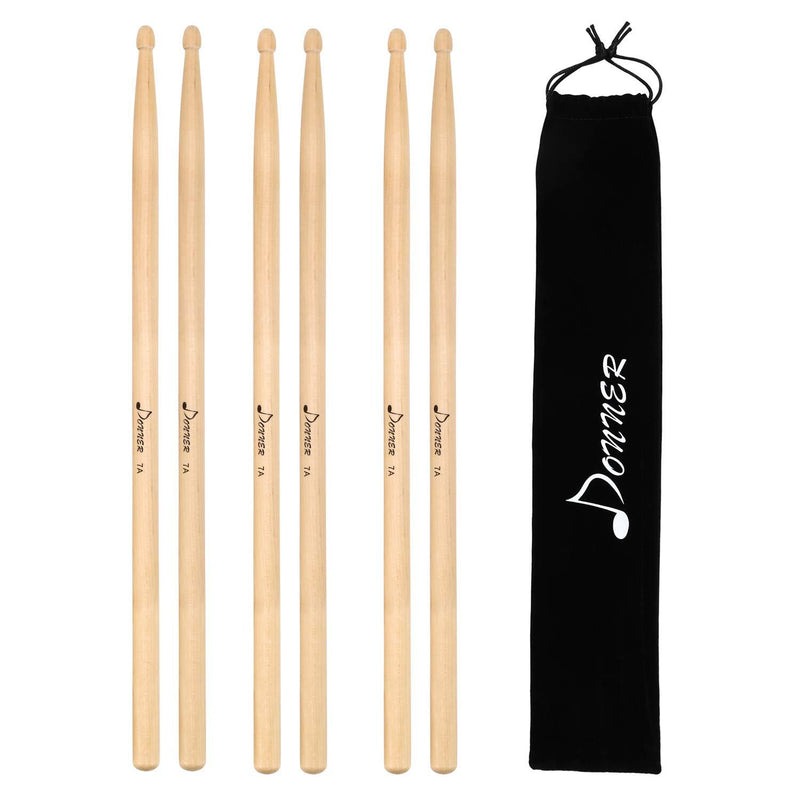 Donner Drum Sticks 7A Classic Maple Wood 3 Pair with Carrying Bag