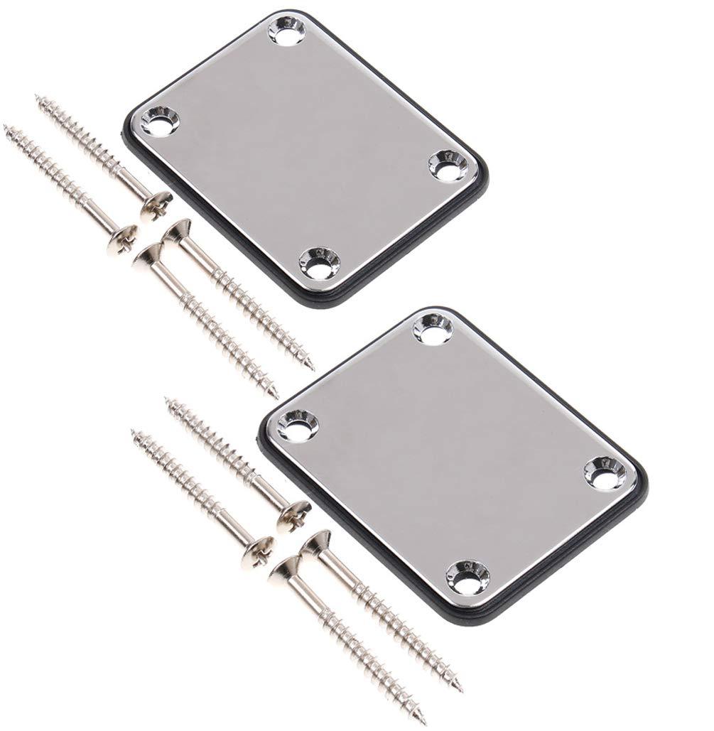 2 Pack Guitar Metal Neck Plates with Plastic Mat for Strat Tele Style Electric Guitar Replacement, Chrome