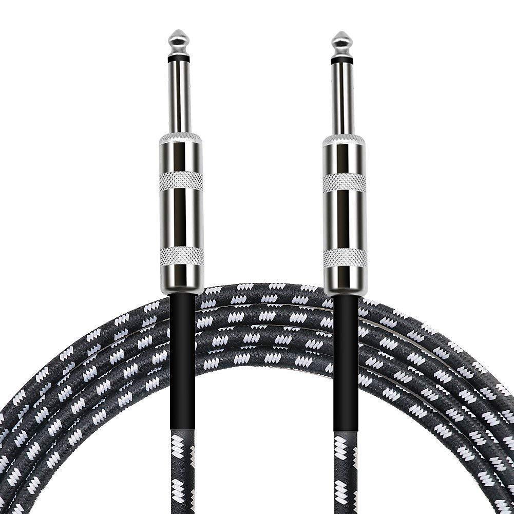 MUZGEAR 3m/10ft Guitar Cable 3 Meter Guitar Lead 6.35mm 1/4" TS Male Straight to Straight Guitar Instrument Cable Audio Cord Black White Braided