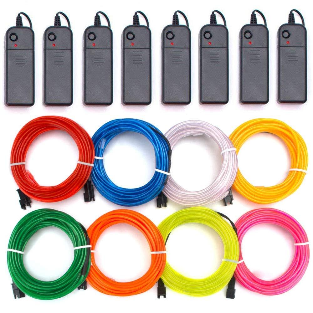 cuzile EL Wire 3 Light Modes Neon Light Battery Powered Electroluminescent Wire Glowing Strobing Decorative Light for Xmas Party Pub (8x1m Red Green Blue White Pink Yellow Orange Lemon)