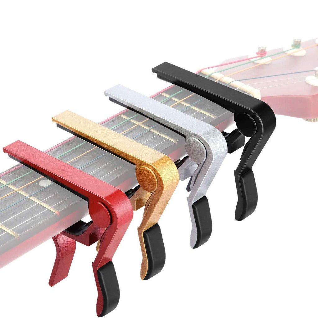4 Pieces Guitar Capo Aluminum Metal Universal, Acoustic and Classical Electric Guitars, Bass, Banjo, Violin, Mandolin, Ukulele All Types Lightweight String Instrument (Black, Red, Silver, Gold）