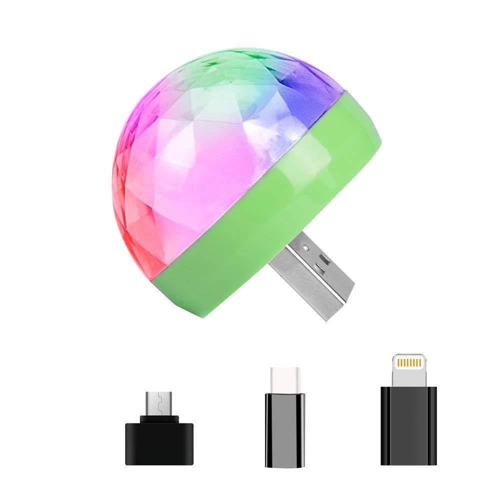 Mini usb led disco ball - Portable DJ light for partying - Home, car, phone, and any other type of USB device - Includes all adapters (Android, Apple IOS, Type C)