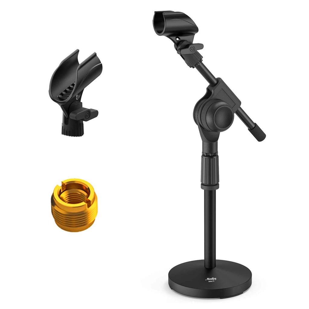 Moukey Adjustable Desk Mic Stand with Gear Fixing Boom Arm, Stable Table Microphone Stand with Metal Base and 3/8" and 5/8" Adapter, MMs-5