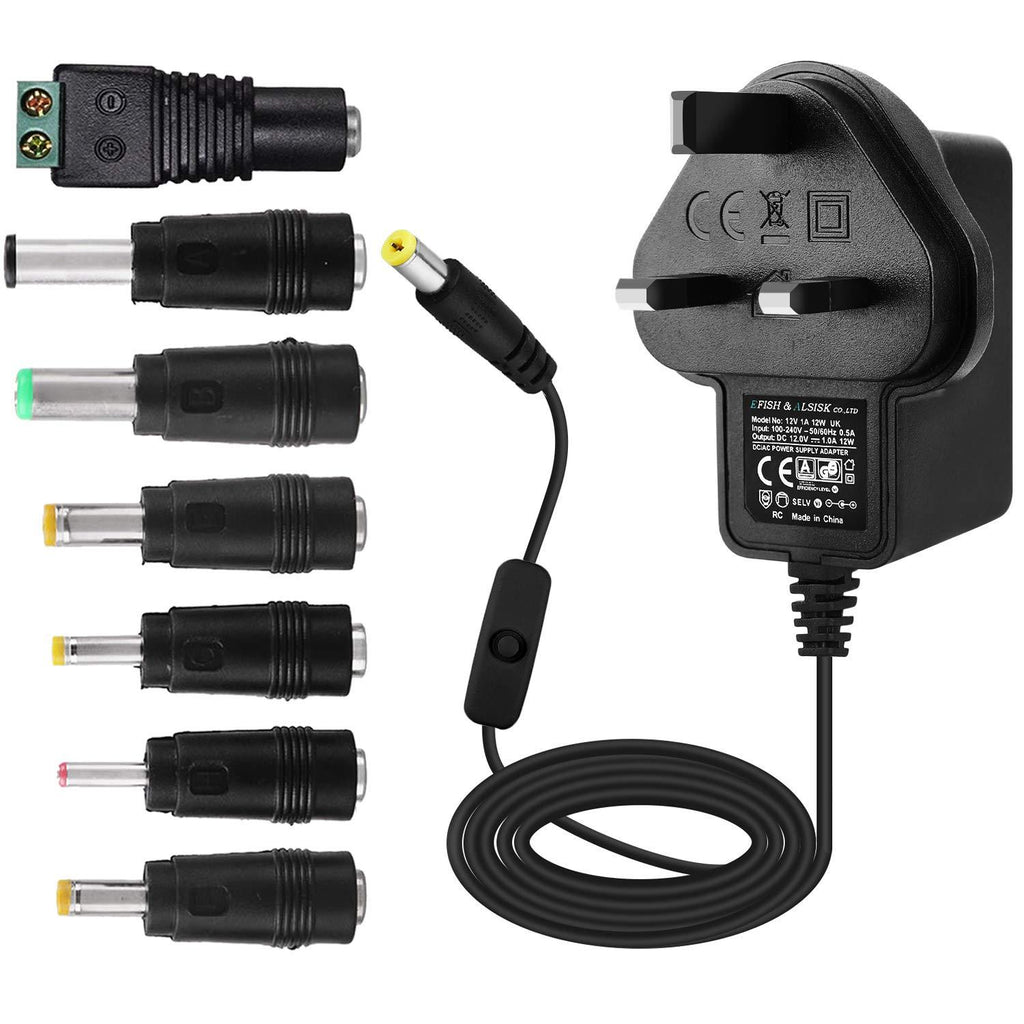 EFISH 12V 1A 12W Power Supply Adapter with Switch,Power Plug for 12V Small Electronic Devices,CCTV Camera,Routers,Hub,LED strips,Telekom,Speedport,Radiowecker,Scanner,Alarm Bell+7 Different Plugs (1) 12V1A(Switch)+7Plugs