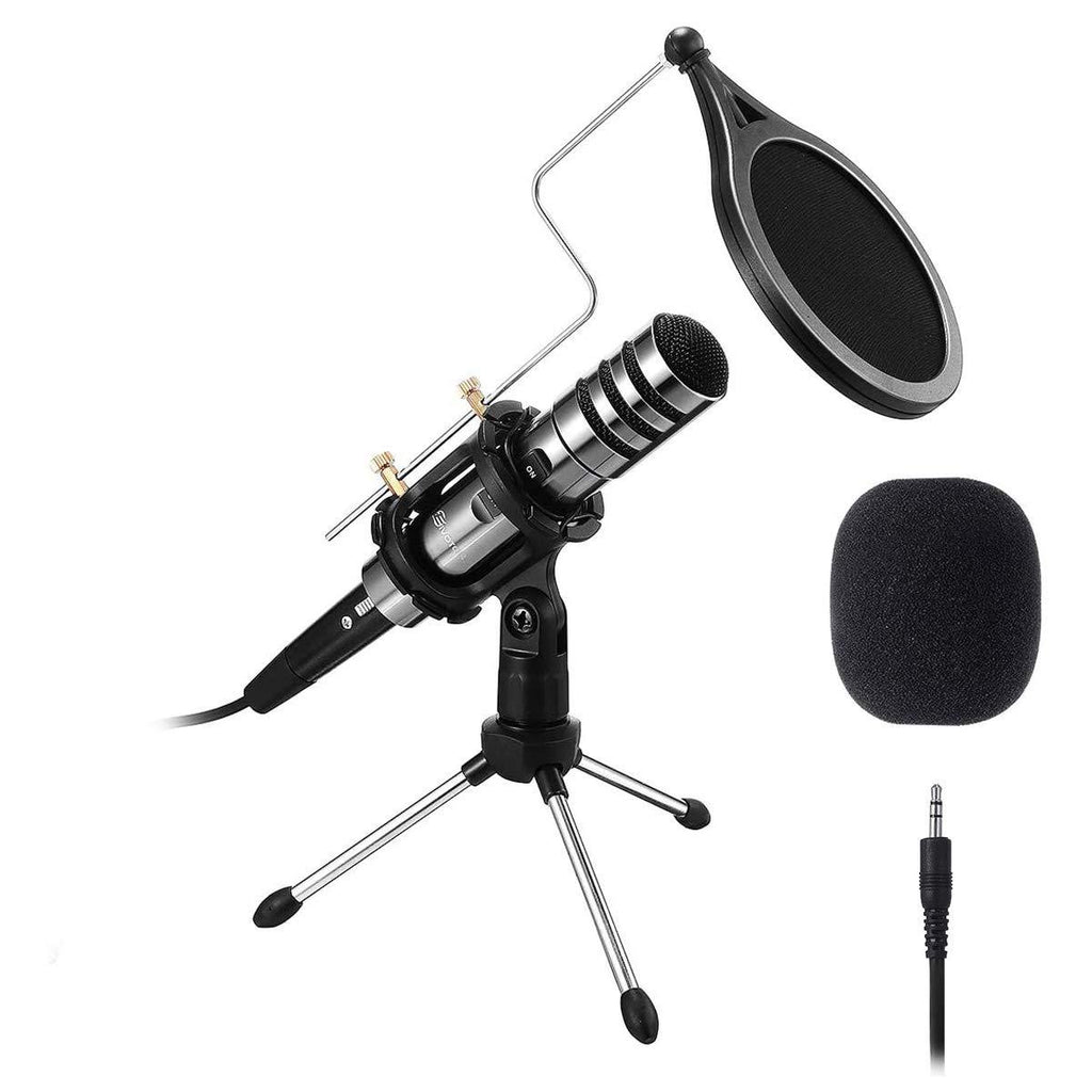 PC/Phone Microphone, EIVOTOR 3.5mm Professional Condenser Microphone Plug and Play, Recording Microphone with Mic Stand for Karaoke,Youtube, MSN, Facebook, Skype Online Chatting, Gaming, Podcasting Silver-gray