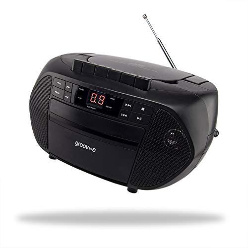 Groov-e GVPS833/BK Traditional Boombox Speaker, Portable CD & Cassette Player with FM Radio , Traditional Black CD Player