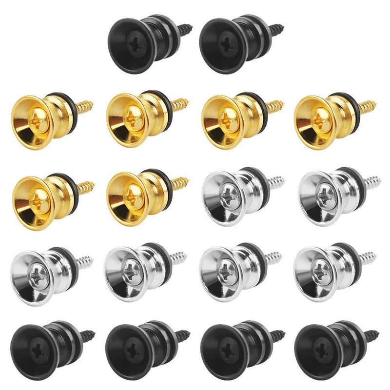 18 PCS Guitar Strap Lock and Button, Metal Flat Head Guitar Strap Anti-Stripping Lock System for Electric Acoustic Guitar Bass Ukulele, Silver Black and Gold Colors