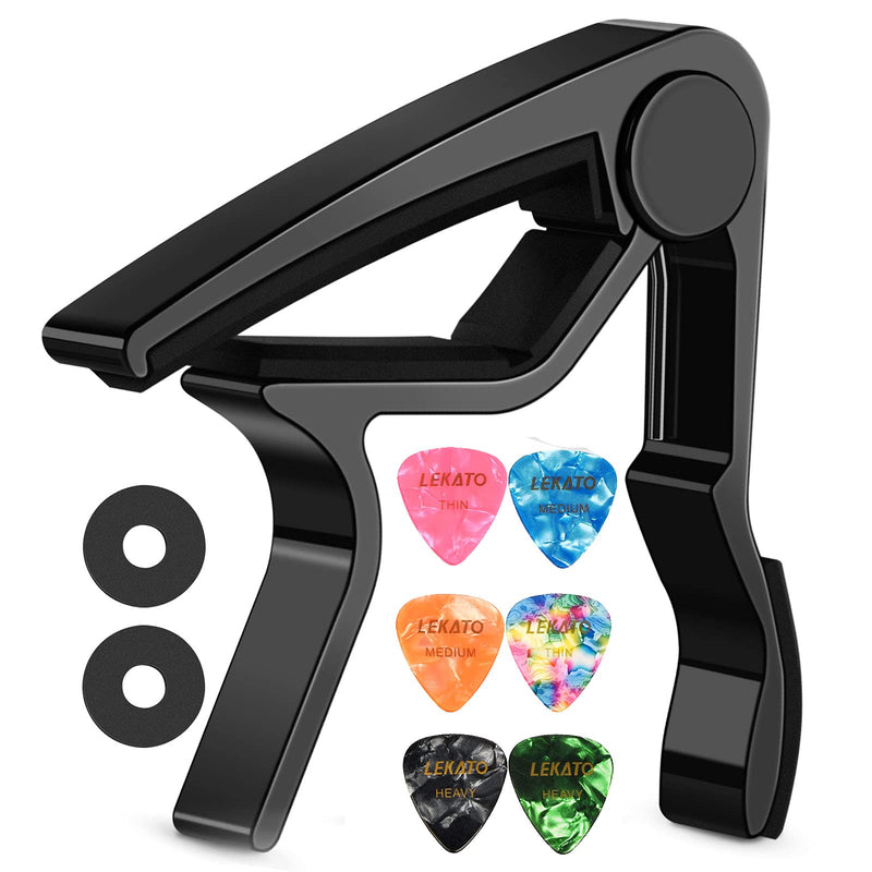 Guitar Capo,LEKATO Quick-Change capo for Acoustic and Electric Guitars with 6 Picks & 2 Strap Safety Locks for Free black