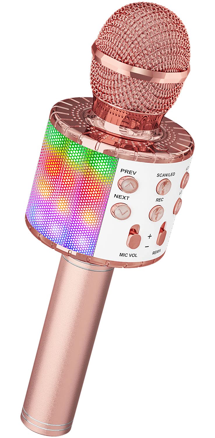 Karaoke Wireless Microphone, Ankuka 4 in 1 Handheld Bluetooth Microphones Speaker Karaoke Machine with Dancing LED Lights, Home KTV Player Compatible with Android & iOS Devices for Party/Kids Singing Rose gold