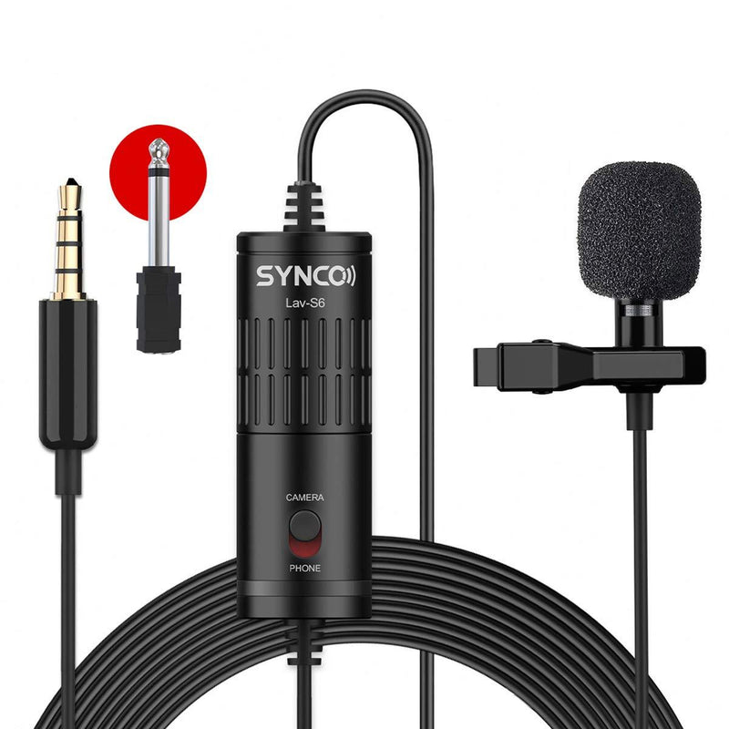 SYNCO Lav-S6 Lavalier Lapel Microphone, Professional Clip-On Lav Mic Omnidirectional Condenser 6M Cable 3.5mm for iPhone Android Smartphone Camera DSLR Audio Recorder Laptop PC