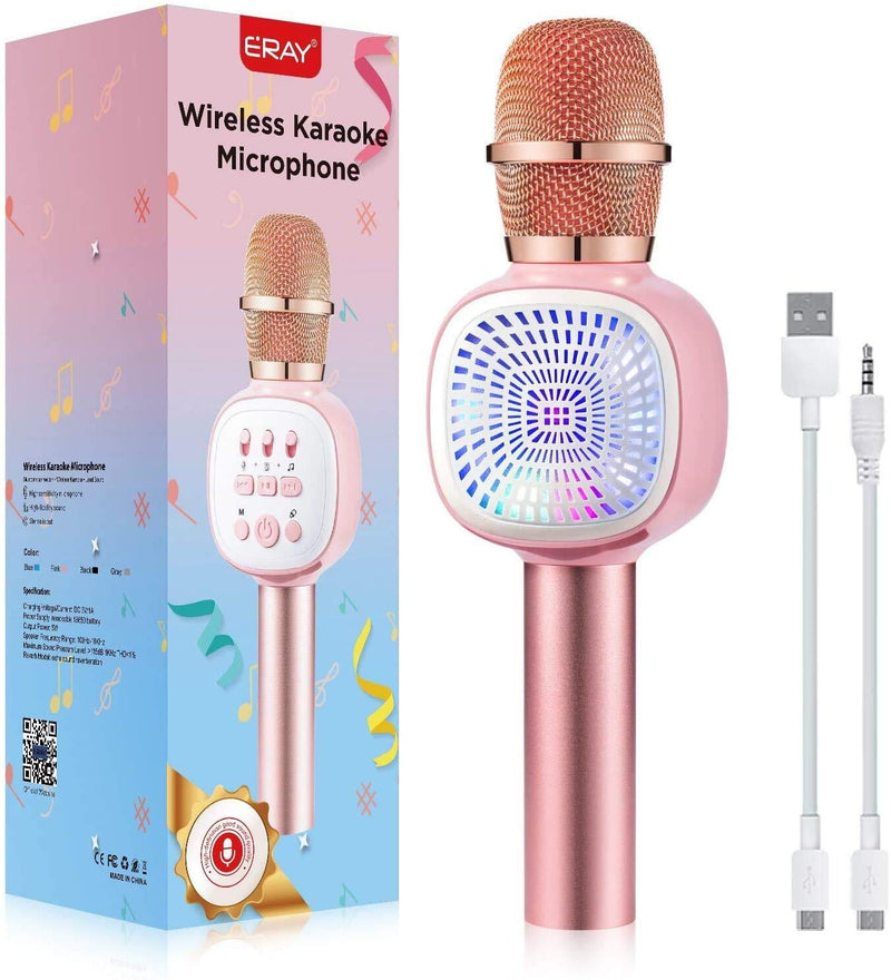 Karaoke Bluetooth Microphone for kids,Wireless Microphone 4 IN 1 for Party Singing with Colorful lights Supports TF Card, 3.5mm AUX, Compatible with PC/iPad/Smartphone,Gifts For Girls (Pink) Pink
