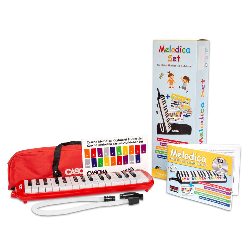 Cascha Melodica Children and Adults I Melodica 32 Keys Including Carry Bag and Textbook I Versatile Fun Textbook with Button Sticker for Learning Melodica I Wind Instrument Including Mouthpiece Set mit Lehrbuch red
