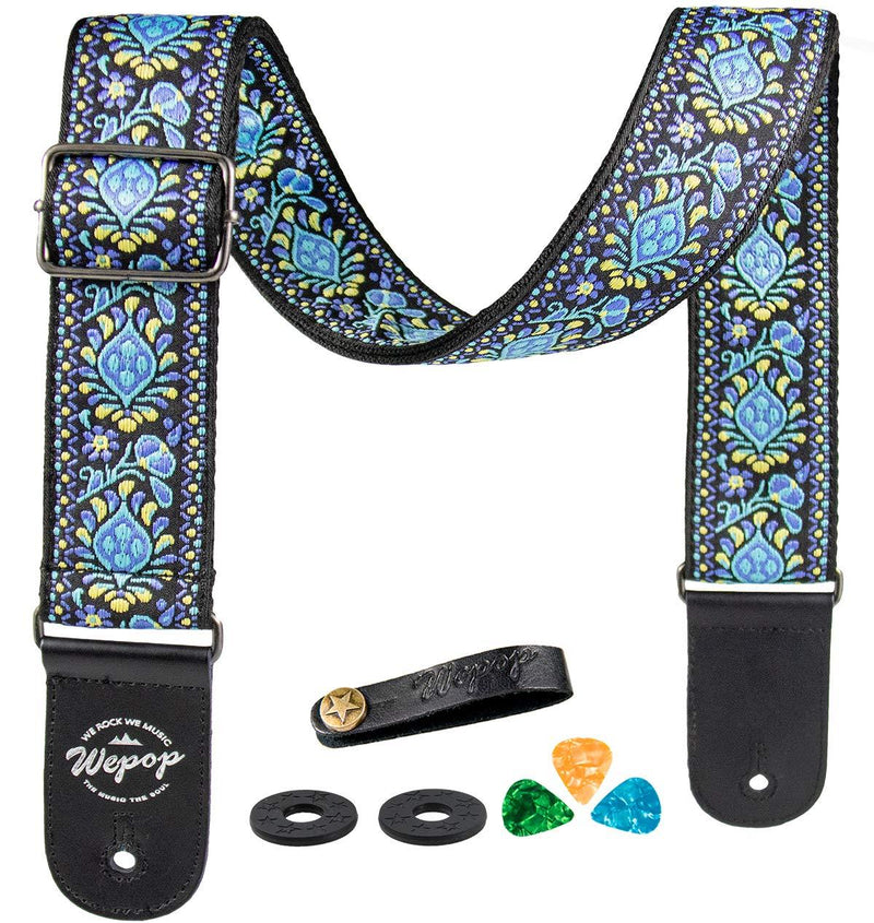 Guitar Strap Jacquard Weave Real Leather End Vintage Classic for Acoustic Bass (blue) Blue