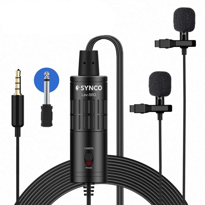 Dual Lavalier Lapel Microphone, SYNCO Lav-S6D Lav Mic Double-head Clip on Omnidirectional 6m Cable for iPhone Android Smartphone, Camera DSLR, Audio Recorder, Laptop PC, with 6.3mm Adapter