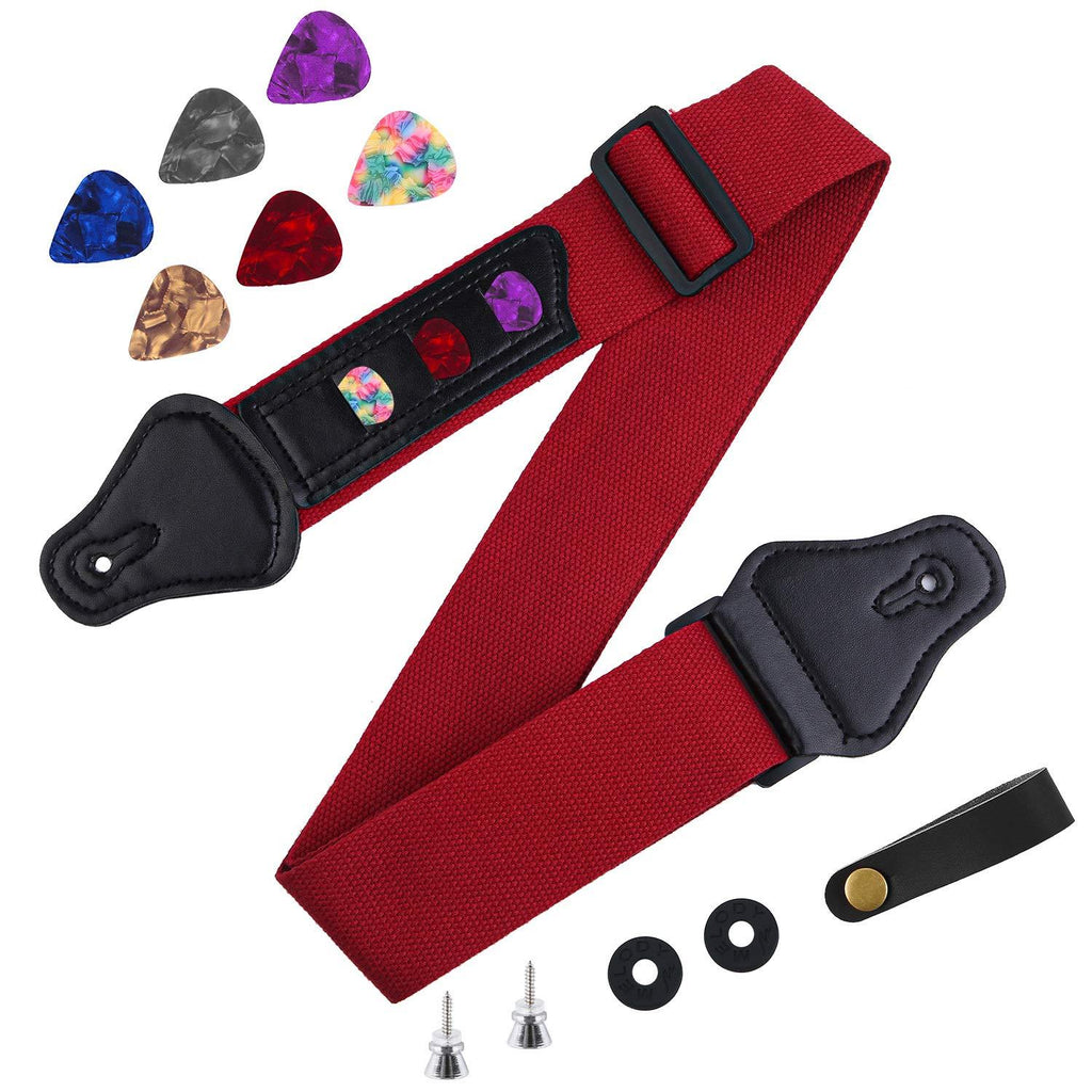 Aneco 12 Piece Guitar Strap Soft Adjustable Guitar Shoulder Strap with Guitar Strap Lock Guitar Buttons Colorful Guitar Picks Burgundy
