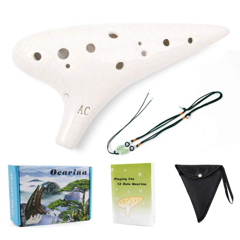 Ocarina 12 Tones Alto C with Song Book Display Stand Neck String Neck Cord (White) White