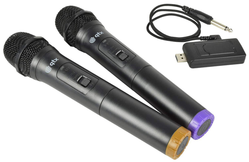 QTX | Two Wireless Handheld Microphones With Portable USB Powered Receiver | Ultra High Frequency For Minimal Interference