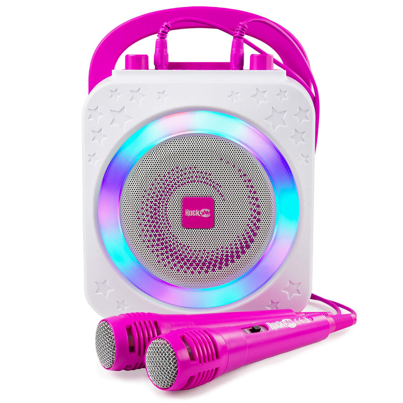 RockJam 10-Watt Rechargeable Bluetooth Karaoke Machine with Two Microphones, Voice Changing Effects & LED Lights - Pink