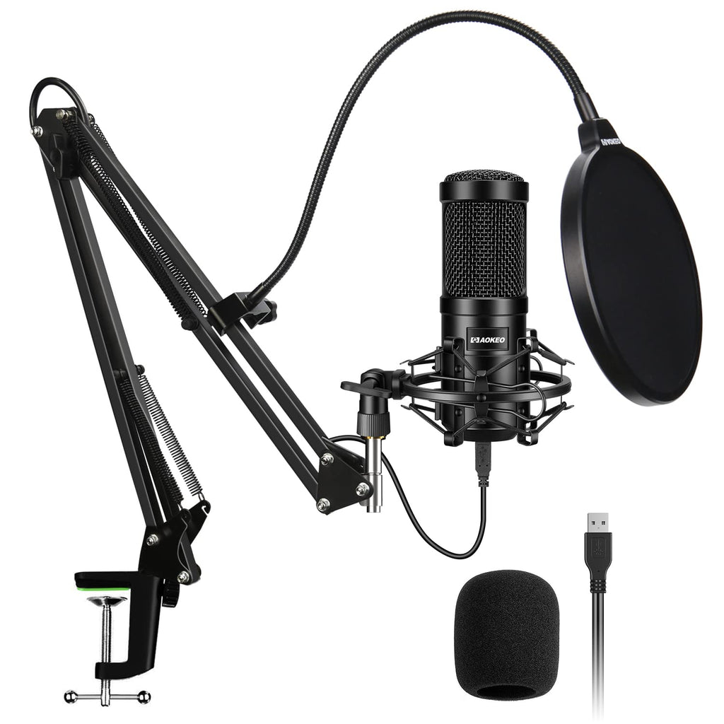 Aokeo AK-60 Professional USB Streaming Podcast PC Microphone with AK-35 Suspension Scissor Arm Stand, Shock Mount, Pop Filter, Foam Cover, for Youtuber, Karaoke, Gaming, Recording Black