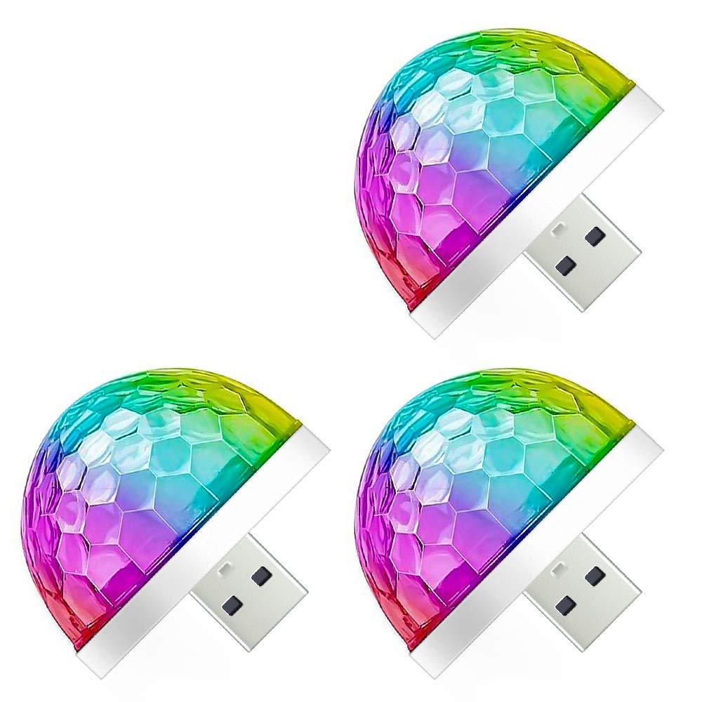 PARMPH USB Mini Disco Ball Party Lights, 3 Packs Sound Activated 3W RGB DJ Multi Colors Magic Strobe Stage Light for Car Christmas Birthday Club Karaoke Decoration, Apply to USB Interface and Phones