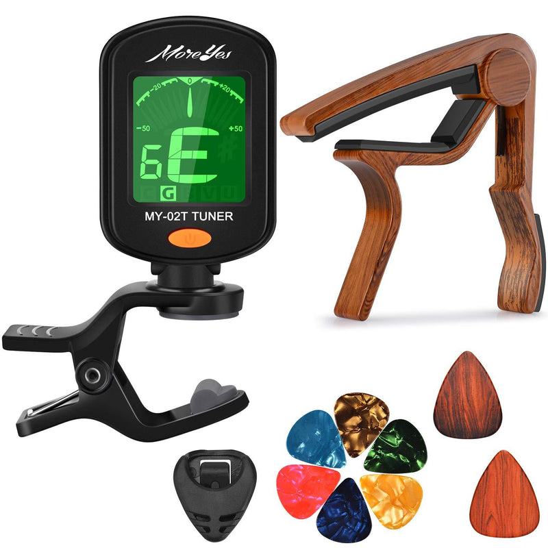 MOREYES Guitar Capo for Acoustic Guitar,Ukelele, Electric Guitar,Bass with Wood Color Guitar Picks (tuner capo)