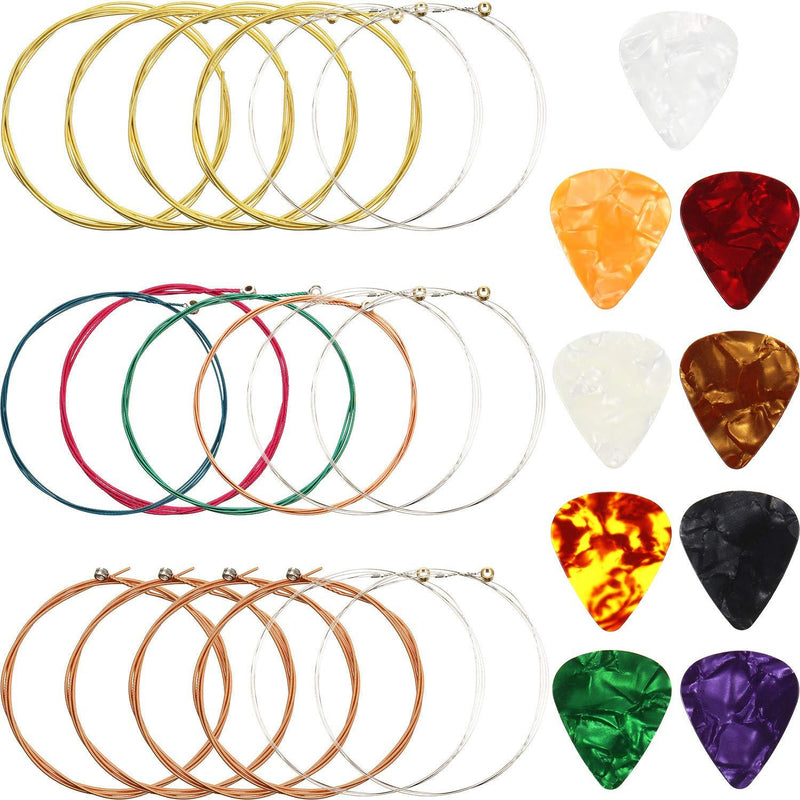 3 Sets Acoustic Guitar Strings Replacement Steel Guitar Strings (Gold, Brass, Multicolor) with 9 Pieces Celluloid Guitar Picks 3 Sizes for Electric Acoustic Guitar Beginners Performers