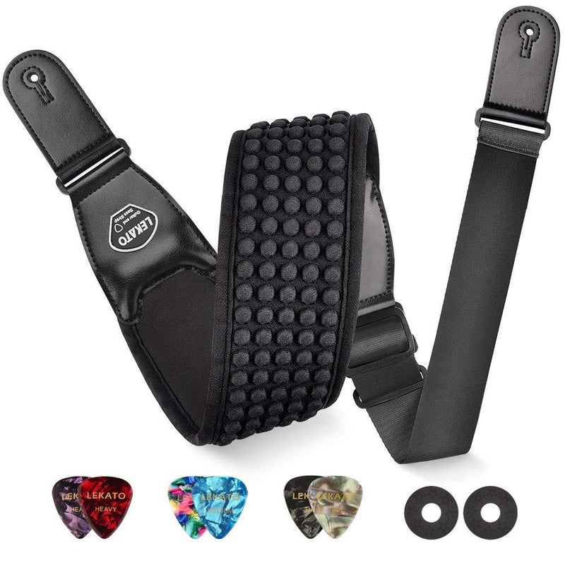 Bass Strap,LEKATO Neoprene Foam Padded Guitar Strap Comfortable Shoulder Strap with Genuine Leather ends 3.5’’Wide for Bass Electric Acoustic Guitar