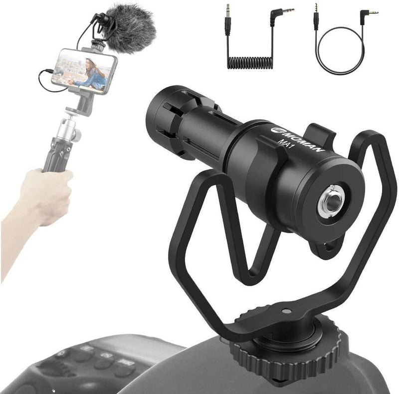 Moman MA1 On-Camera Mic Cardioid Condenser Microphone with Shock Mount Compatible with Smartphone Laptop DSLR with 3.5mm Jack for Vlogging Interview Youtube Recording