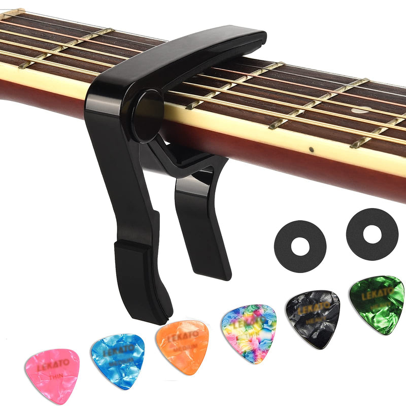 Guitar Capo with 6 Guitar Picks,LEKATO Capo with 6 Guitar Picks 2 Safety Strap Locks for Acoustic and Electric Guitar Ukulele Bass Mandolin and Banjo