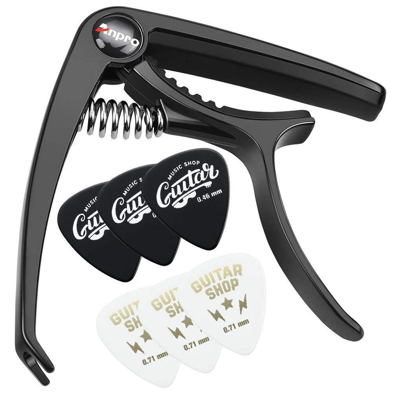 Anpro Guitar Capo with 6 Guitar Picks for Acoustic and Electric Guitar,Ukulele,Mandolin and Banjo,Black