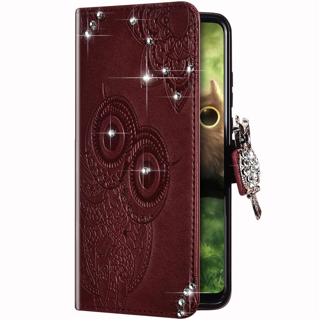 Uposao Compatible with Samsung Galaxy A51 Glitter Wallet Case 3D Bling Glitter Sparkle Diamond Cute Owl Mandala Flower Leather Flip Case Magnet Cover with Kickstand Card Holder,Brown Brown