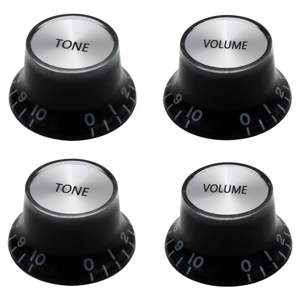 mxuteuk 2pcs Volume 2pcs Tone Electric Guitar Bass Top Hat Knobs Speed Volume Tone AMP Effect Pedal Control Knobs Black with Silver Top KNOB-S14