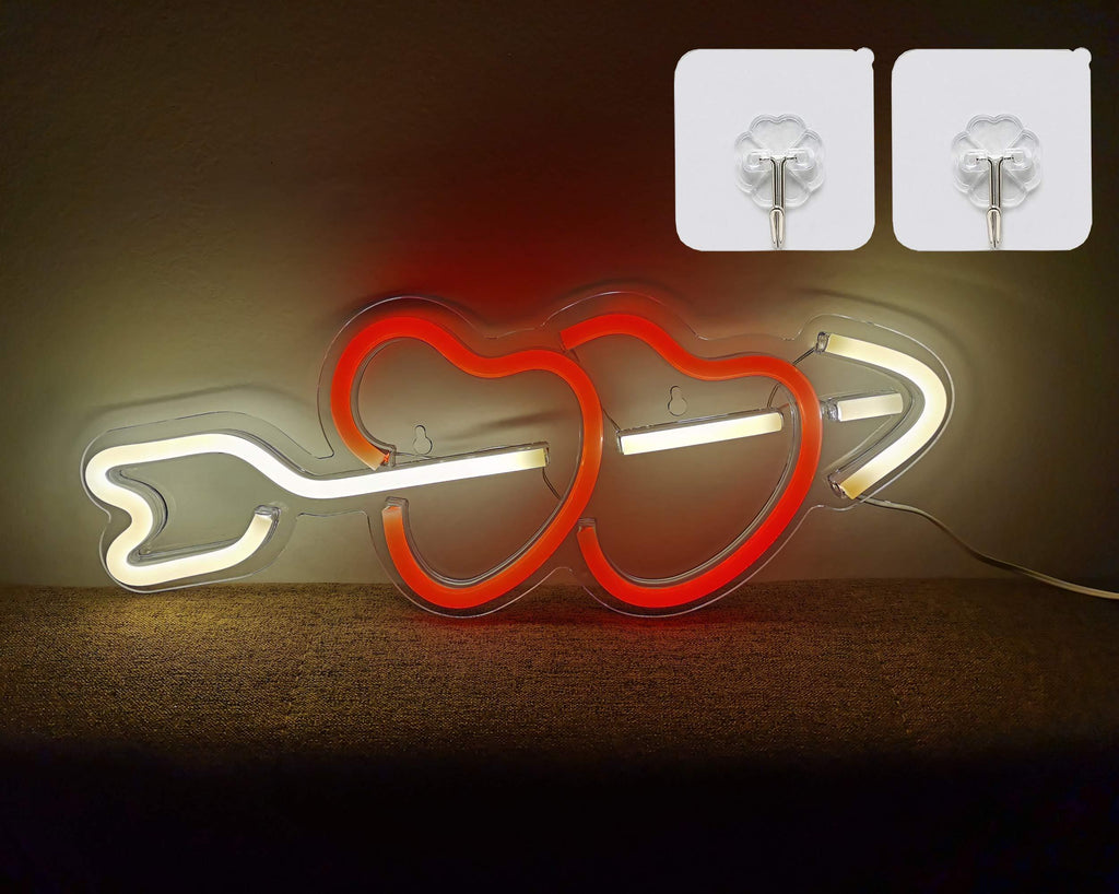 SOVIYAS LED Neon Wall Signs Red Heart Lights Wall Decor with On/Off Switch Art Neon Sign Festival Light for Christmas Home Decoration Bedroom Office Wedding Birthday Party USB Powered with 2PCS Hooks Red Heart Warm White Arrow