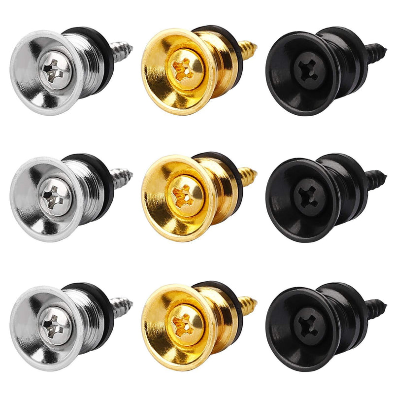 Guitar Strap Buttons End Pins Metal Guitar Strap Locks Pin with Mounting Screws and Rubber Cushions for Acoustic Classical Electric Guitar Bass Ukulele 9 Pack (Gold, Silver, Black)