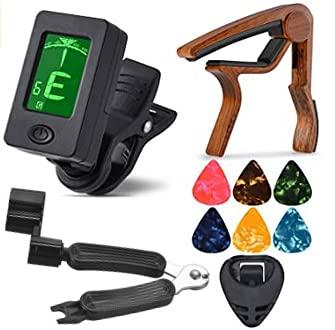 MOREYES Guitar Capo Tuner Clip On Guitar, Bass, Violin, Ukulele Chromatic with Guitar String Winder & Picks & Holder (01 Tuner and wood color capo) 01 Tuner and wood color capo