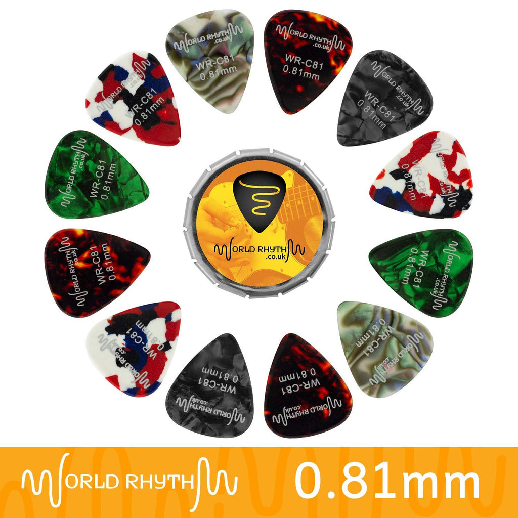 World Rhythm WR-C81 0.81mm Guitar Picks - 12 Celluloid Guitar Plectrums & Storage Tin - Range of Colours/Designs 0.81 mm