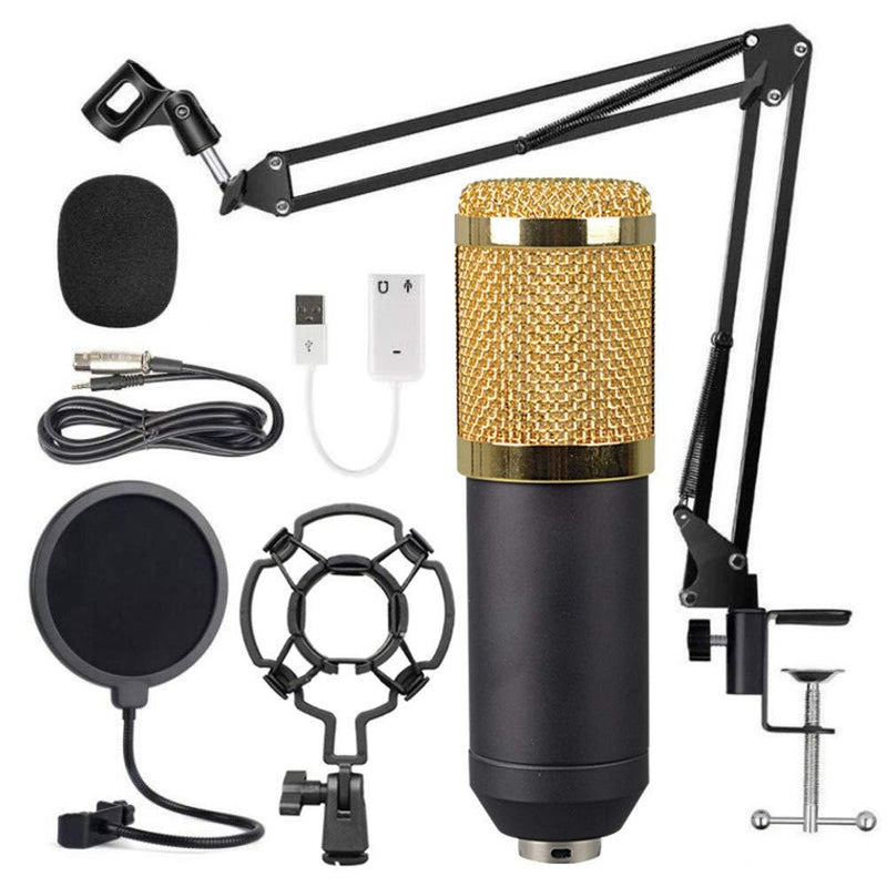 Condenser Microphone Kit, Professional Studio Mic Set with Adjustable Suspension Scissor Arm Stand Filter for Studio Recording Broadcasting Live (Gold)
