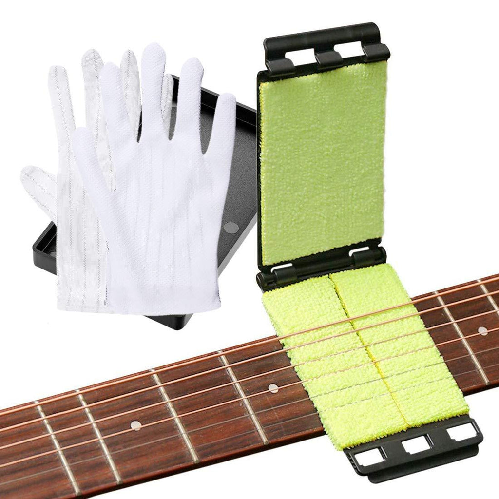 HONGECB Guitar String Cleaner, Instrument Fingerboard Cleaning Maintaining Tool, Guitar/Bass/Mandolin/Ukulele Maintenance Care, Fast String Scrubber with 2pcs Stripe Anti Static Gloves
