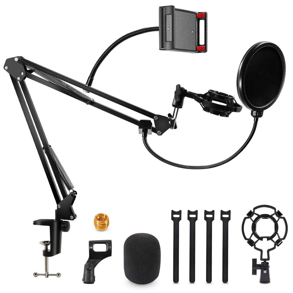 Gifort Microphone Arm Stand, Adjustable Suspension Boom Mic Stand with Pop Filter, Shock Mount, 3/8” to 5/8” Adapter, Mic Clip, Phone Holder and Desk Clamp for Blue Yeti, Snowball and Other Mics