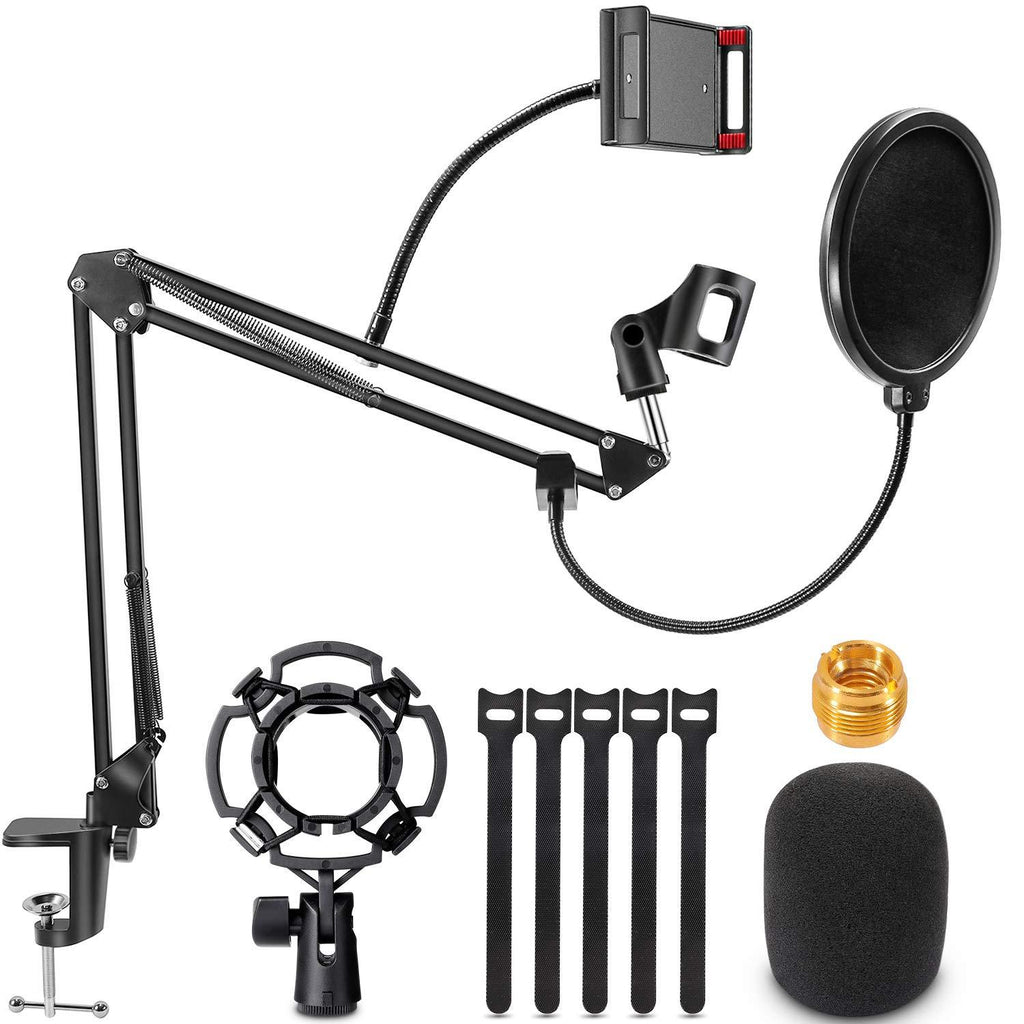 Microphone Arm Stand, RenFox Adjustable Suspension Boom Scissor Mic Stand with Pop Filter, 3/8" to 5/8" Adapter, Mic Clip, Upgraded Heavy Duty Clamp for Blue Yeti Nano Snowball Ice and Other Mics