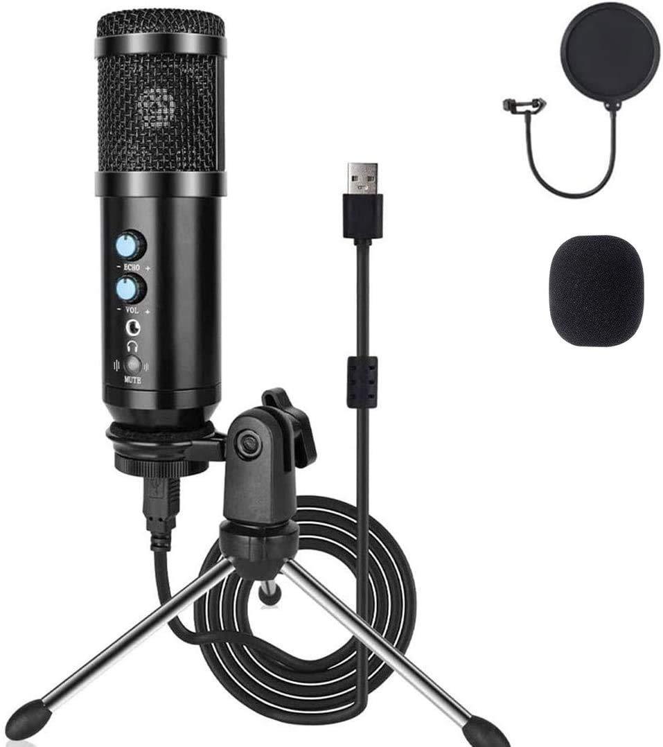 Newest USB Condenser Microphone for Computer, with Mute Key, Mic Gain/Echo Knob, PC Microphone Kit with Adjustable Metal Arm Stand, Great for Gaming, Podcast, LiveStreaming, Recording (Desktop Mic)