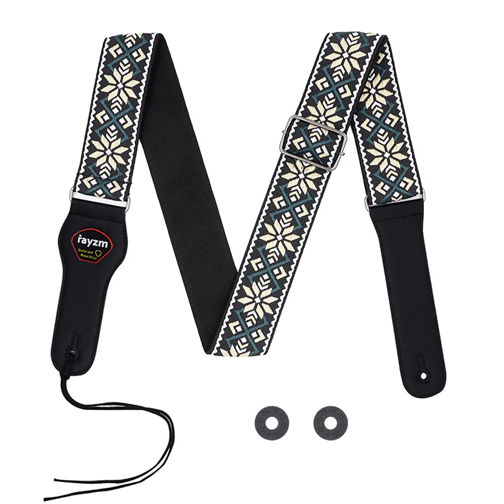 Rayzm Embroidery Guitar Strap, Jacquard Weave Cotton Strap for Acoustic/Electric/Bass Guitar with Plectrum Picks Pocket and 1 Pair Strap Blocks, Metal Buckle, 5cm Wide, Adjustable Length for guitar