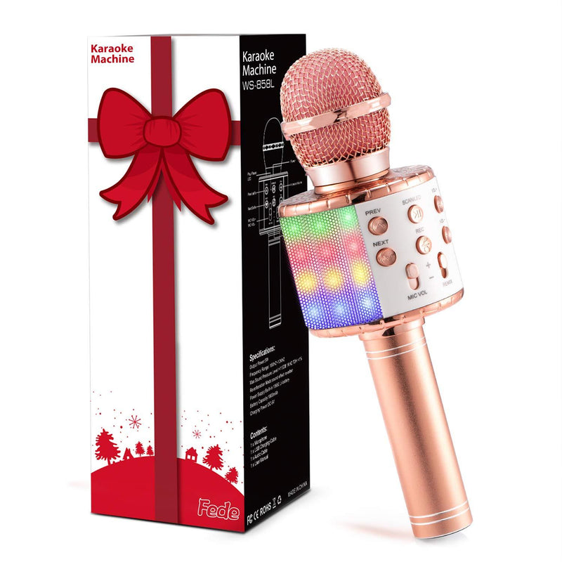 Fede Microphone for Kids Adults, Wireless Bluetooth Microphone with Flashing Colorful LED Lights Portable Speaker Karaoke Machine, Home KTV Player Support Android & iOS Devices for Party Singing Rose Gold