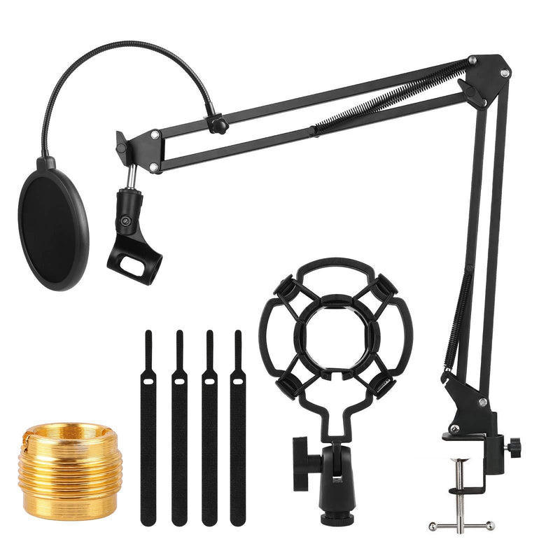 EEEKit Microphone Arm Stand, Adjustable Suspension Boom Scissor Arm Stand with 3/8" to 5/8" Screw Adapter, Mic Clip, Shock Mount, Pop Filter, Mic Cover Foam, and Cable Ties, for Most Microphones Microphone Stand