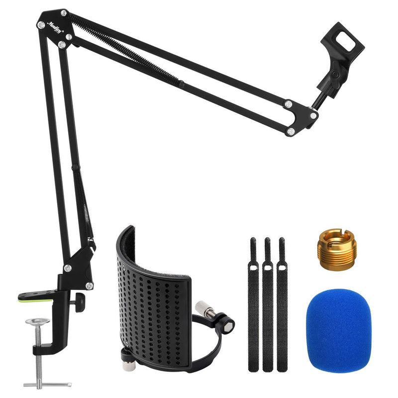 Microphone Arm Stand Moukey upgraded Mic Arm Stand Boom Suspension Stand with Pop filter Anti-Slip Clip fit for Blue Yeti, Snowball Shure for Recording, Youtube, podcasts, Live Video, Gaming-MMs-11