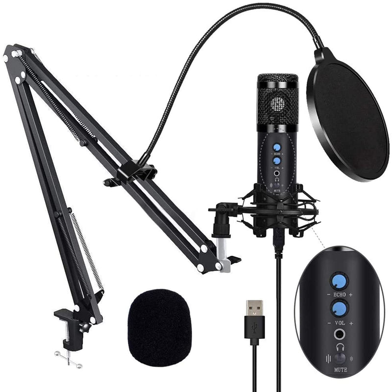 USB Microphone, 2021 Newest Condenser Microphone for Computer, with Mute Key & Echo Knob, PC Microphone Kit with Adjustable Metal Arm Stand for Gaming, Broadcasting, Live Streaming, Recording (Black) Black 01