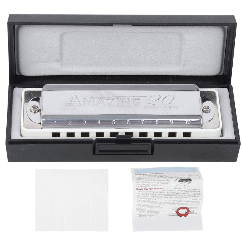 Harmonica Key of Db 10 Holes Blues Harmonica Mouth Organ for Professional Player, Beginner, Students, Kids (White) White