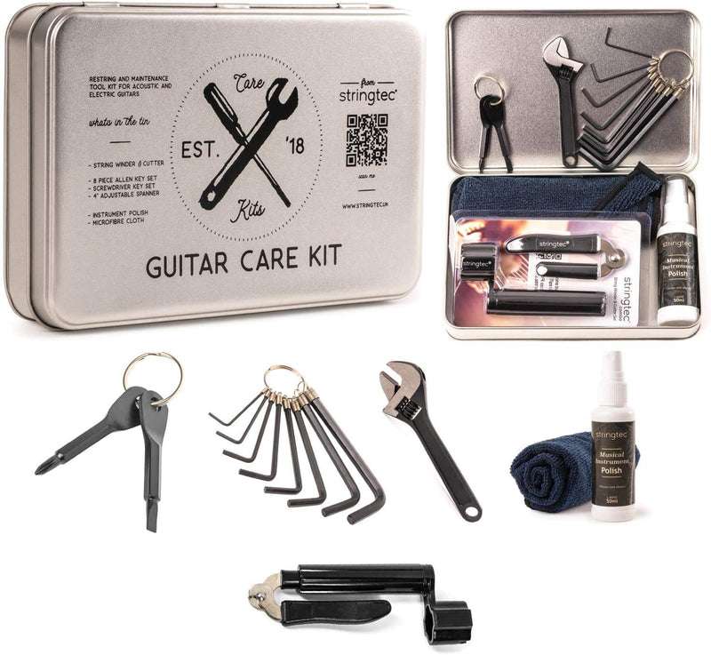 Guitar Accessories Gift Set Restring Care Kit inc String Winder and Cutter, Allen Key Set, Screwdriver Keyring, Adjustable Spanner and Guitar Polish with Microfibre Cloth, Guitarist Gift Set in Tin