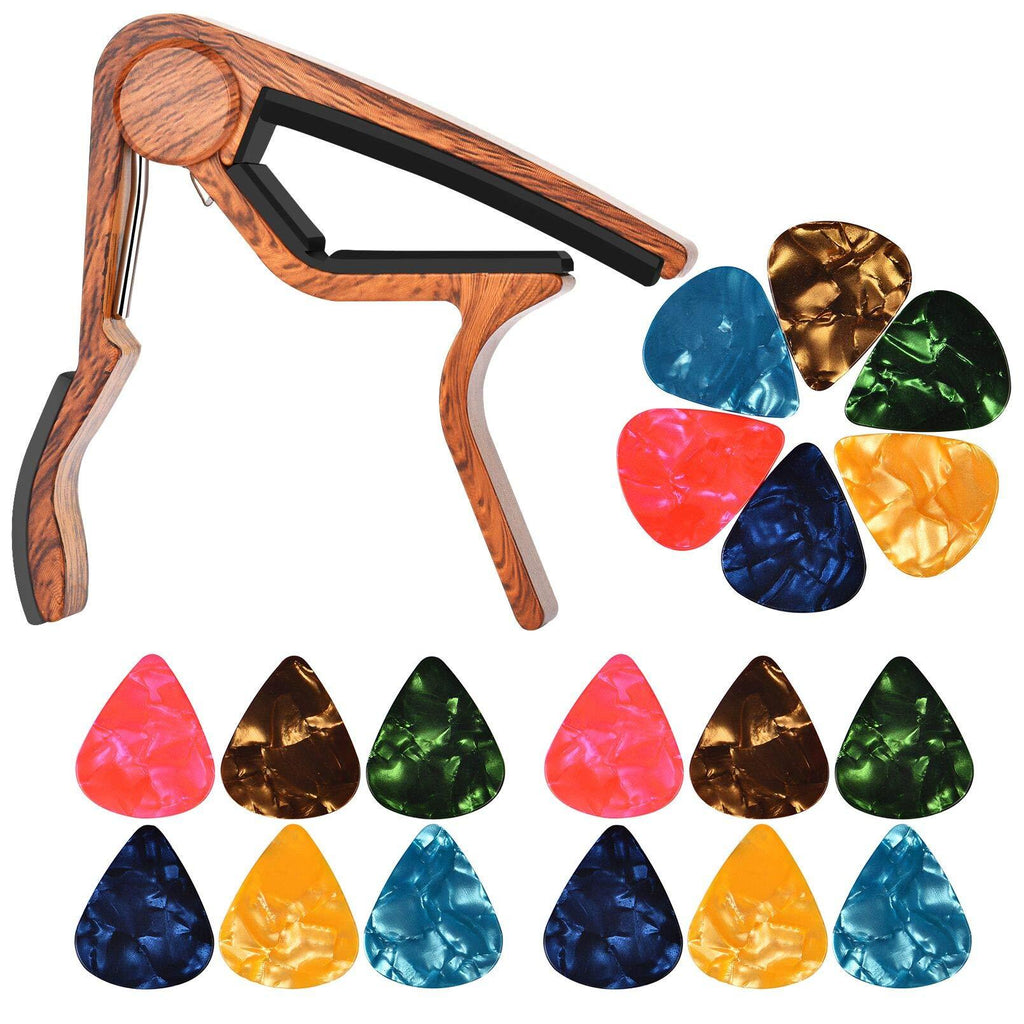 MOREYES Guitar Capo with 18 pcs Guitar Picks 0.46mm 0.71mm 0.96mm for Bass Acoustic Guitar Electric Guitar (wood color)
